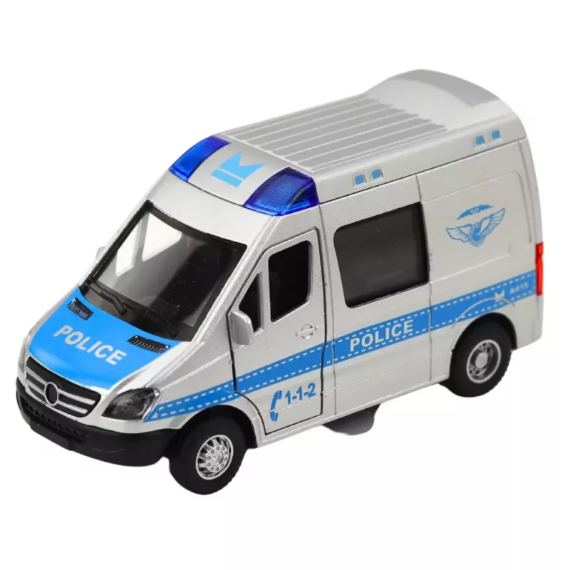LEAN TOYS Carro de polícia de metal com motor pull-back, luz e som, 1:32