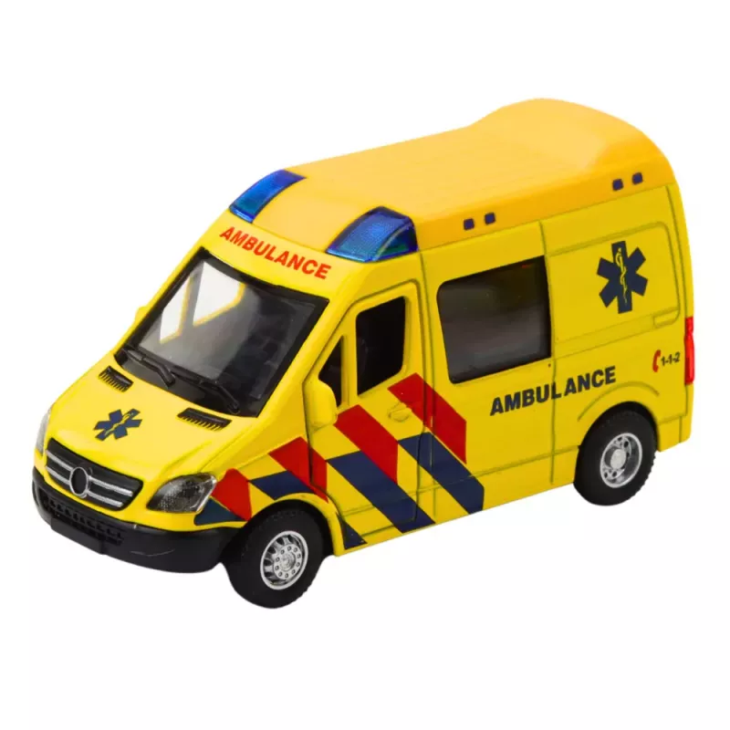 LEAN TOYS Ambulância de metal com motor pull-back, luzes e sons, amarela, 1:32