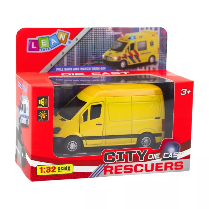 LEAN TOYS Furgão de entregas de metal com motor pull-back, luz e som, amarelo, escala 1:32
