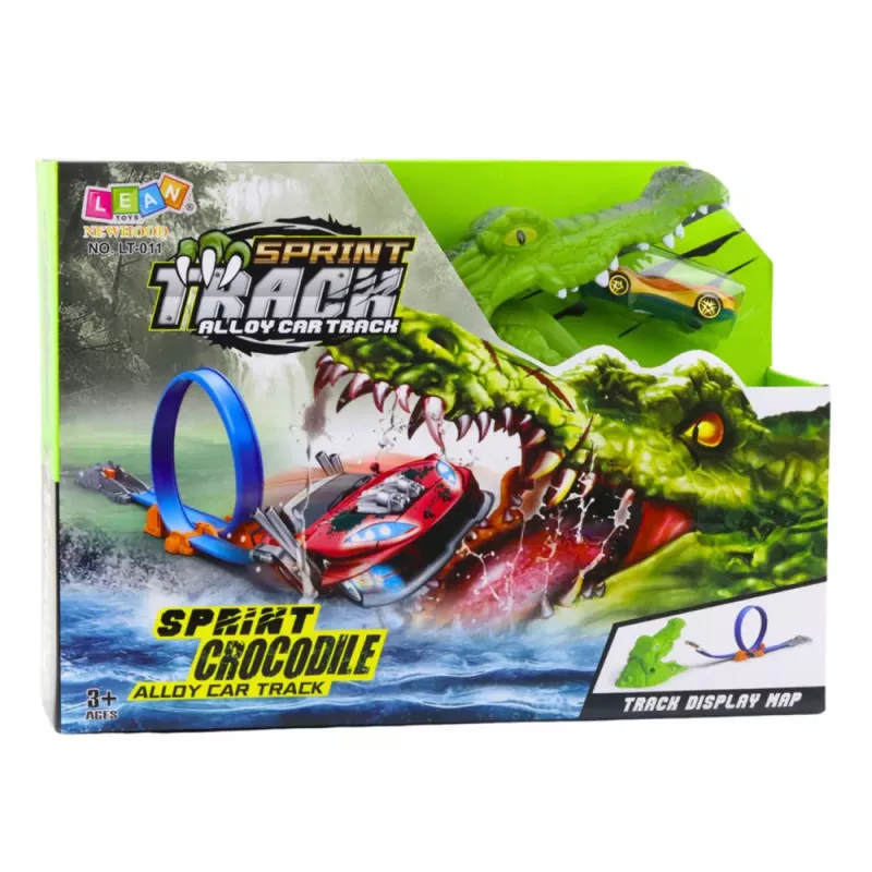 LEAN TOYS Pista de carros com lançador catapulta, crocodilo