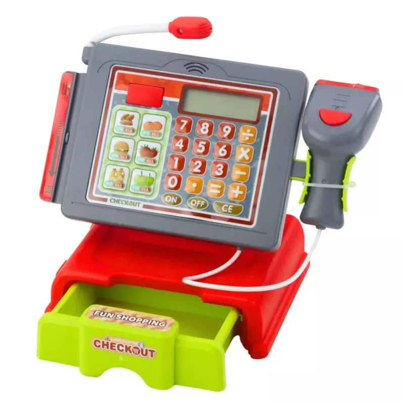 LEAN TOYS Caixa registadora para crianças com acessórios, cesto, fruta, luzes e sons, vermelha