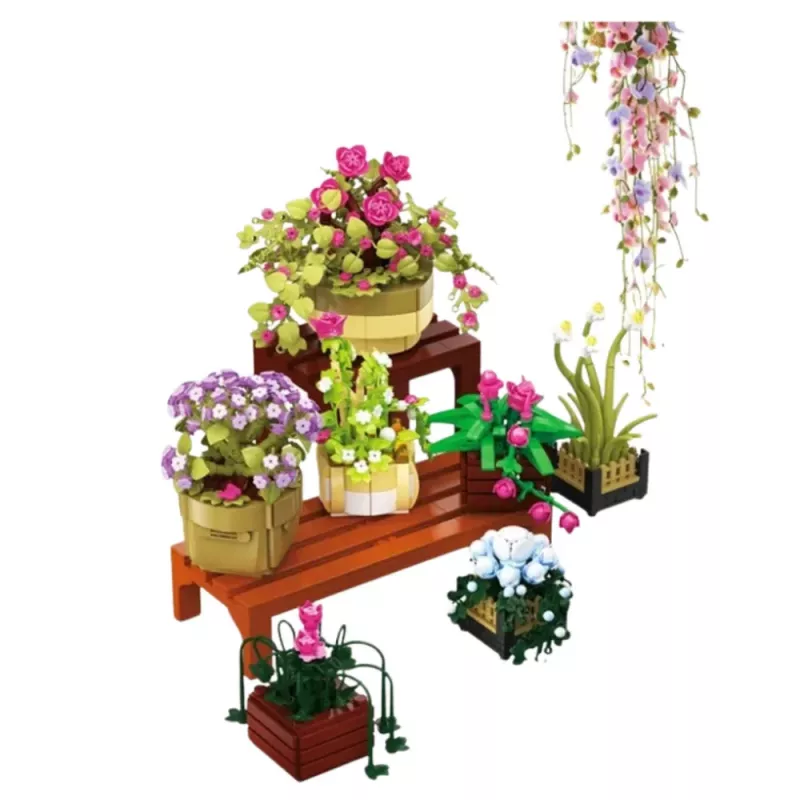 LEAN TOYS Blocos de Construção Flores em Vasos 7 Unid. Duas Prateleiras 1446 Peças