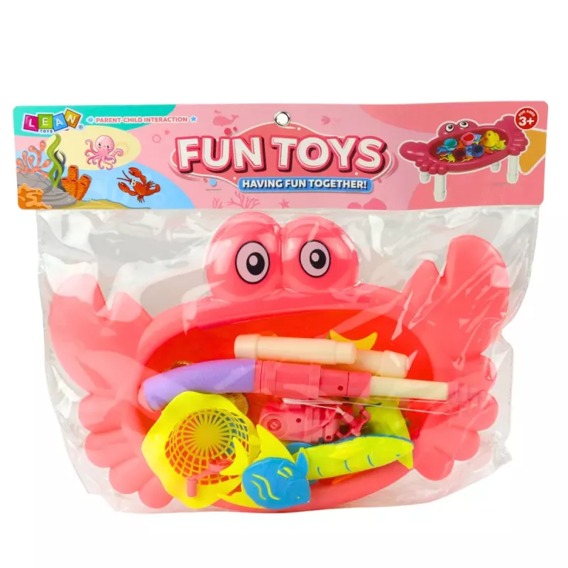 LEAN TOYS Conjunto de Pesca: Mesa de Caranguejos, 10 Peixes, Canas de Pesca, Rede, Rosa