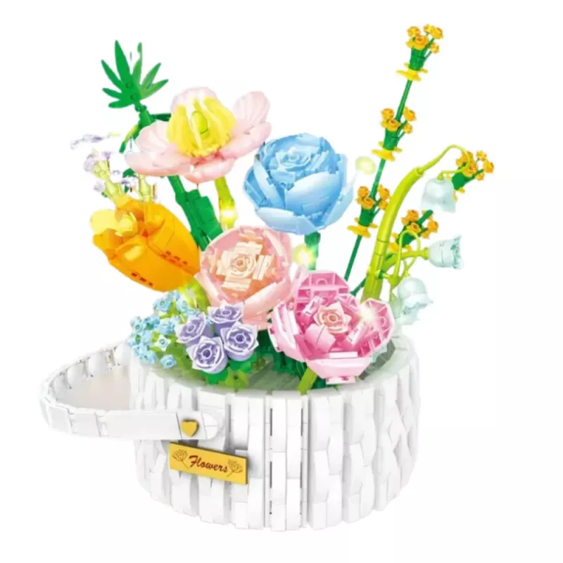 LEAN TOYS Blocos de construção arranjo floral no cesto com luzes LED 1376 peças