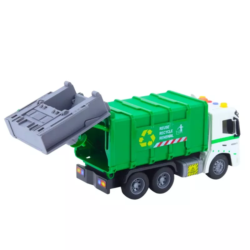 LEAN TOYS Camião do lixo com contentor, luz e som, Verde, escala 1:16
