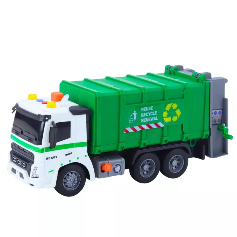 LEAN TOYS Camião do lixo com contentor, luz e som, Verde, escala 1:16
