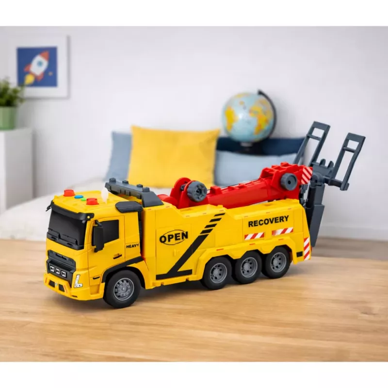 LEAN TOYS Camião de reboque assistência em viagem com gancho, plataforma, luzes e sons 1:16