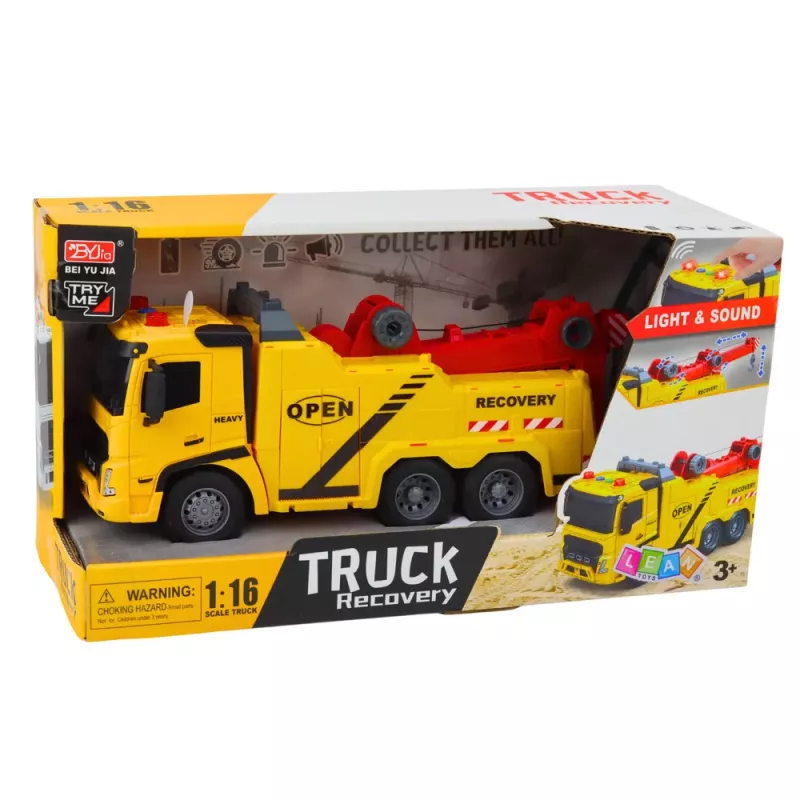 LEAN TOYS Camião de reboque assistência em viagem com gancho, plataforma, luzes e sons 1:16