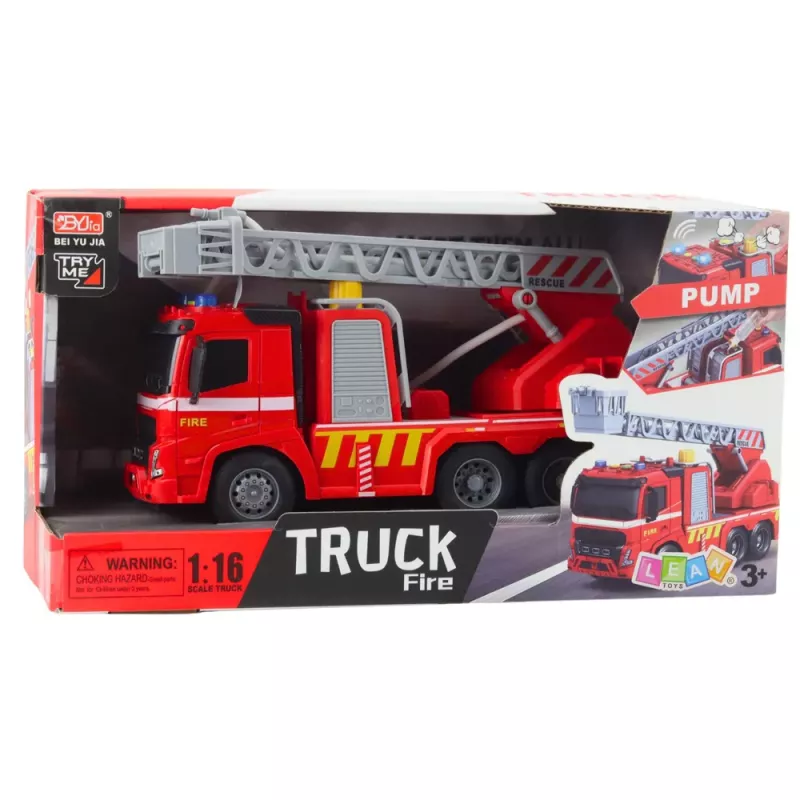 LEAN TOYS Veículo de bombeiros com escada, luzes, sons e jato de água 1:16