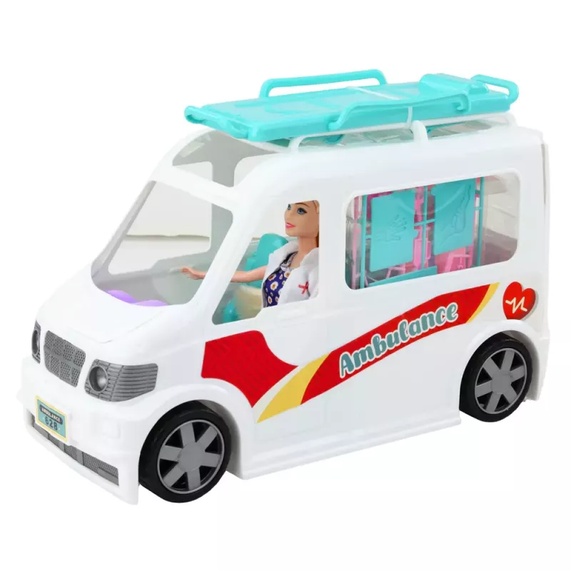 LEAN TOYS Hospital Móvel Ambulância com maca 2 em 1 Boneca médica com acessórios