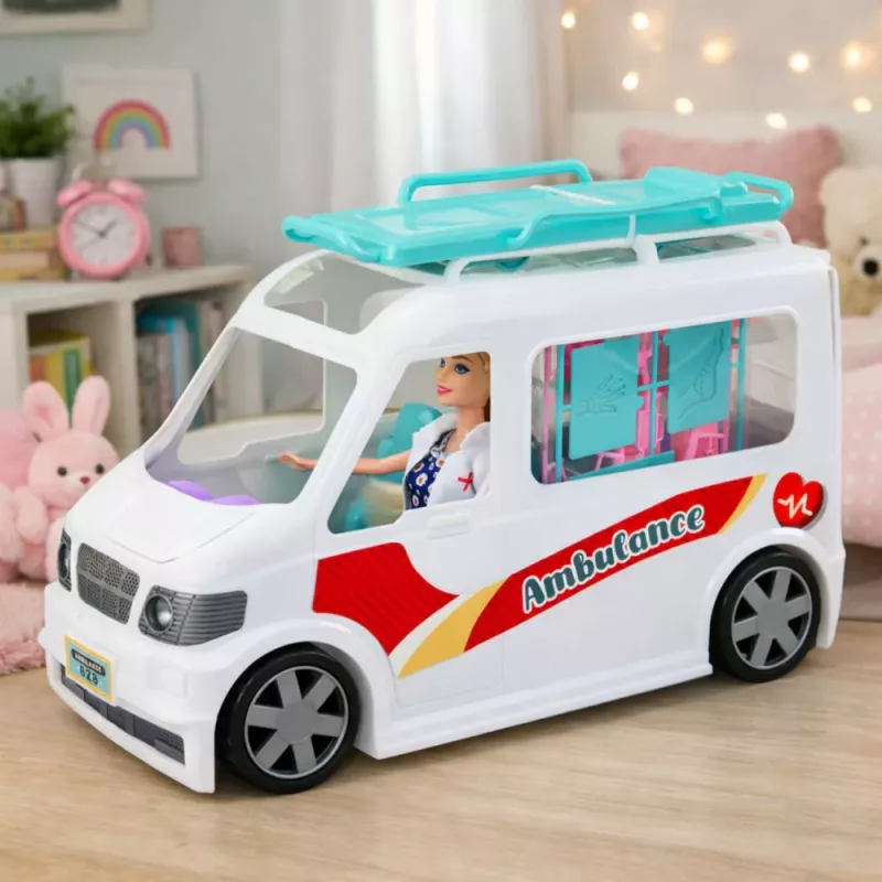 LEAN TOYS Hospital Móvel Ambulância com maca 2 em 1 Boneca médica com acessórios