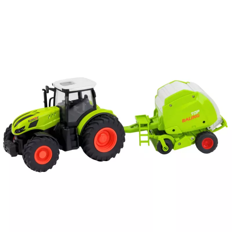 LEAN TOYS Trator com comando RC e enfardadeira, trator agrícola 1:24