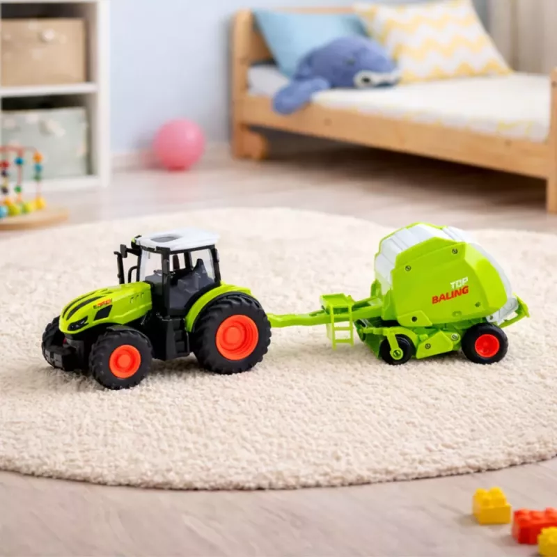 LEAN TOYS Trator com comando RC e enfardadeira, trator agrícola 1:24
