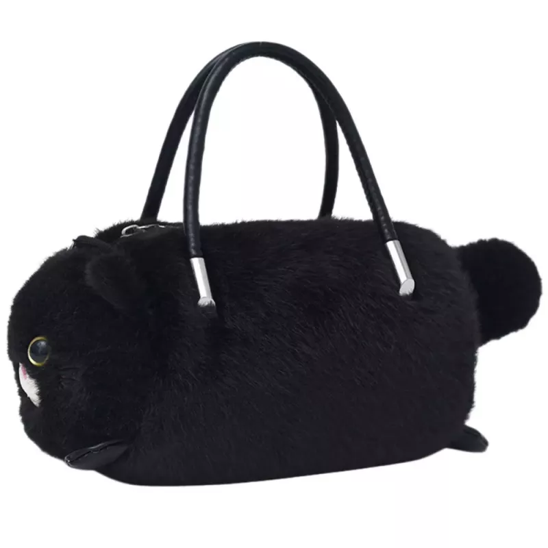 LEAN TOYS Mala de mão em peluche em forma de gato com alças de corrente, Preto