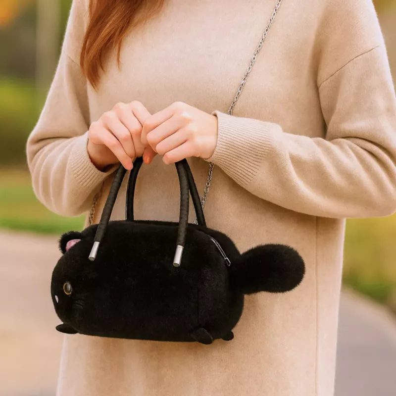 LEAN TOYS Mala de mão em peluche em forma de gato com alças de corrente, Preto