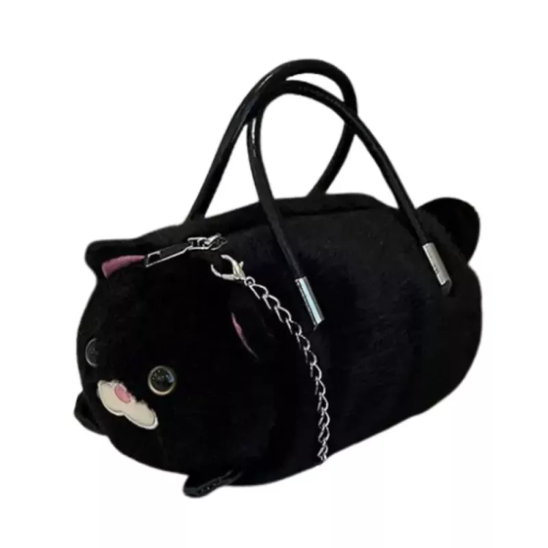 LEAN TOYS Mala de mão em peluche em forma de gato com alças de corrente, Preto