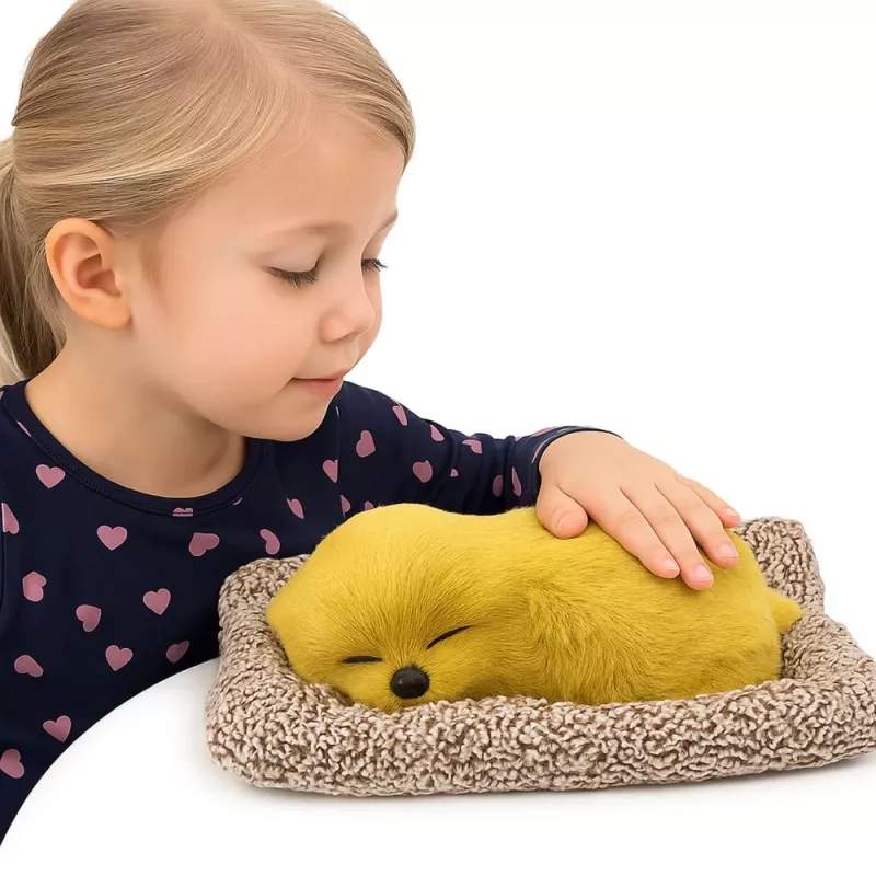 LEAN TOYS Figura de cachorro de Labrador a dormir numa almofada com pelo e bolsa transparente