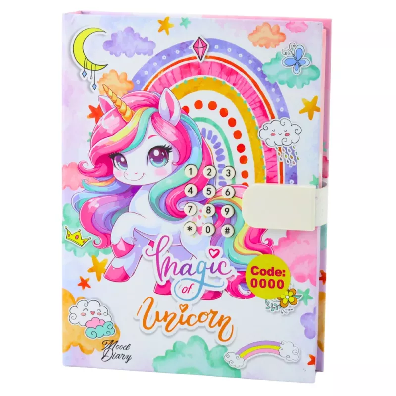 LEAN TOYS Diário fofo com fechadura numérica e melodias de unicórnio, 120 páginas, páginas pautadas coloridas, capa dura, para meninas a partir dos 6 anos