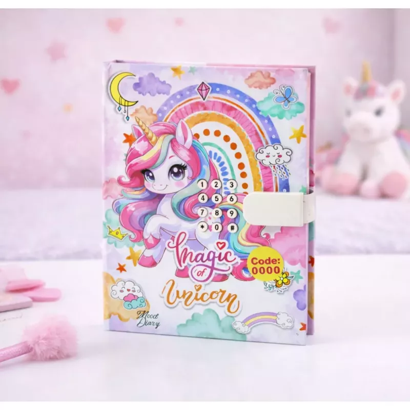 LEAN TOYS Diário fofo com fechadura numérica e melodias de unicórnio, 120 páginas, páginas pautadas coloridas, capa dura, para meninas a partir dos 6 anos