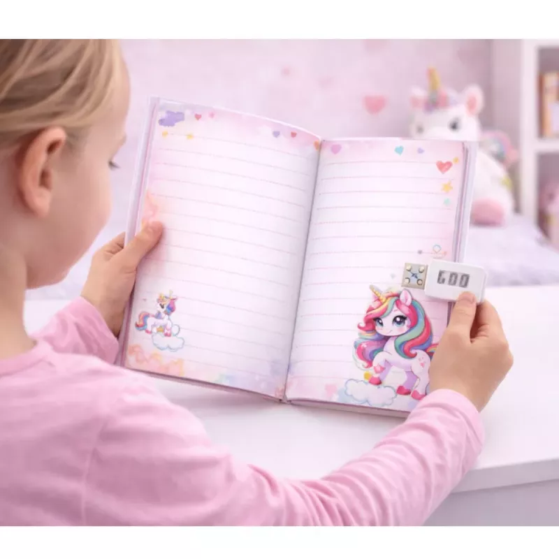 LEAN TOYS Diário fofo com fechadura numérica e melodias de unicórnio, 120 páginas, páginas pautadas coloridas, capa dura, para meninas a partir dos 6 anos