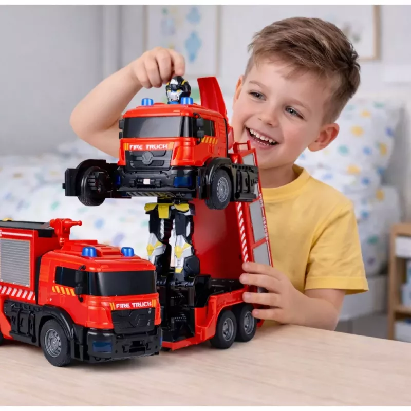 LEAN TOYS Carro robô de bombeiros 2 em 1 telecomandado RC com luzes, sons e água