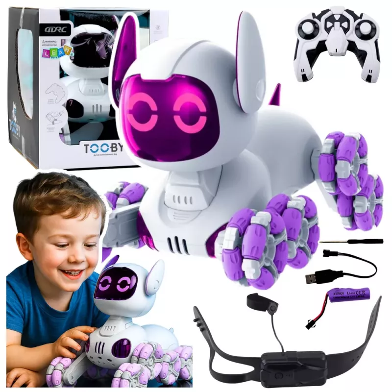LEAN TOYS TOOBY Cão robô telecomandado RC 360° com luzes e sons, branco e roxo