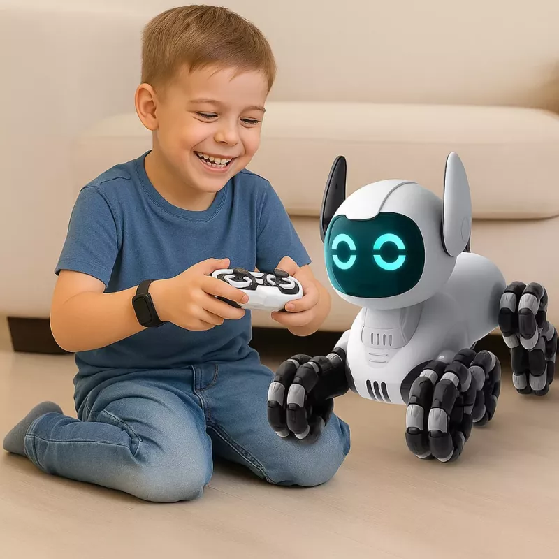 LEAN TOYS TOOBY Cão robô telecomandado RC 360° com luzes e sons, preto e branco