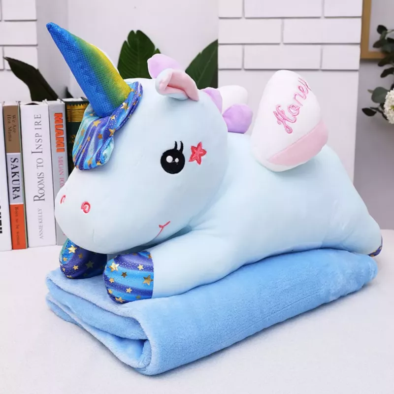 LEAN TOYS Peluche de unicórnio com manta 160x110cm, azul, 55cm