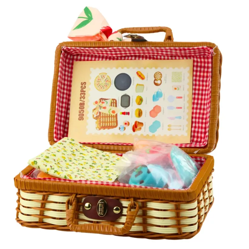 LEAN TOYS Conjunto de cesto de piquenique com acessórios de alimentos entrançados, 33 peças