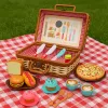 LEAN TOYS Conjunto de cesto de piquenique com acessórios de alimentos entrançados, 33 peças