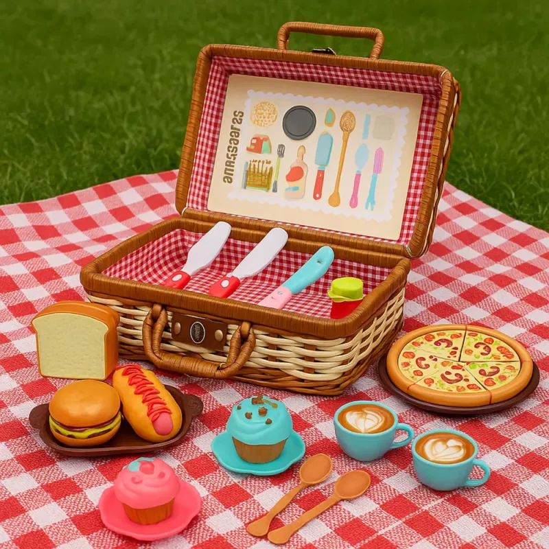 LEAN TOYS Conjunto de cesto de piquenique com acessórios de alimentos entrançados, 33 peças