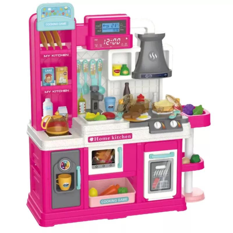 LEAN TOYS Cozinha infantil com ciclo de água e alimentos que mudam de cor, vapor, rosa, 64 peças