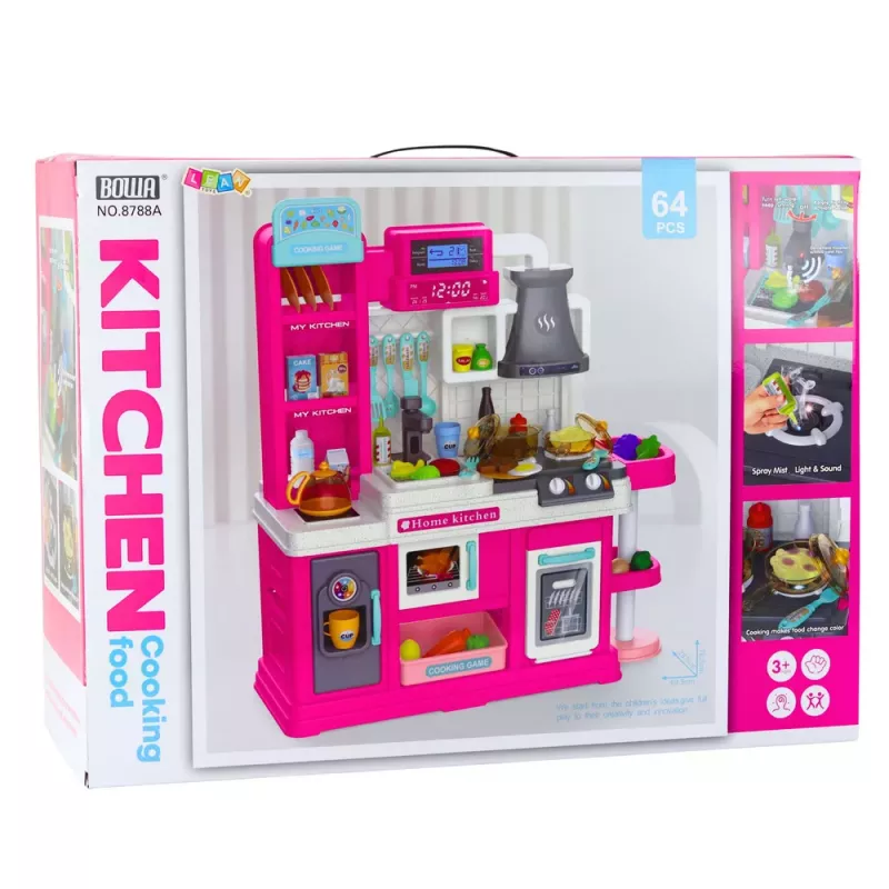 LEAN TOYS Cozinha infantil com ciclo de água e alimentos que mudam de cor, vapor, rosa, 64 peças