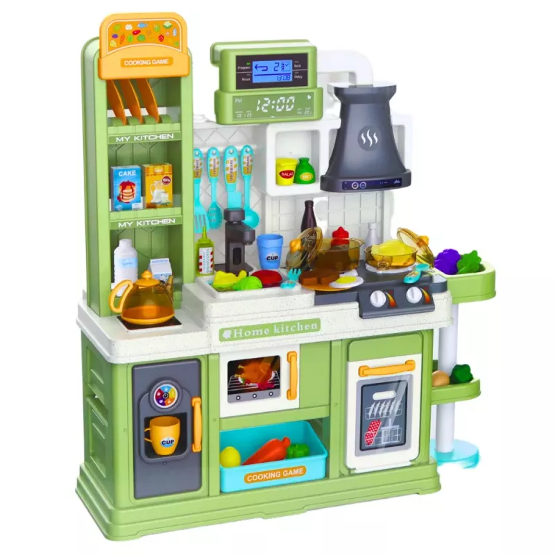 LEAN TOYS Cozinha infantil com ciclo de água e alimentos que mudam de cor, vapor, verde, 64 peças