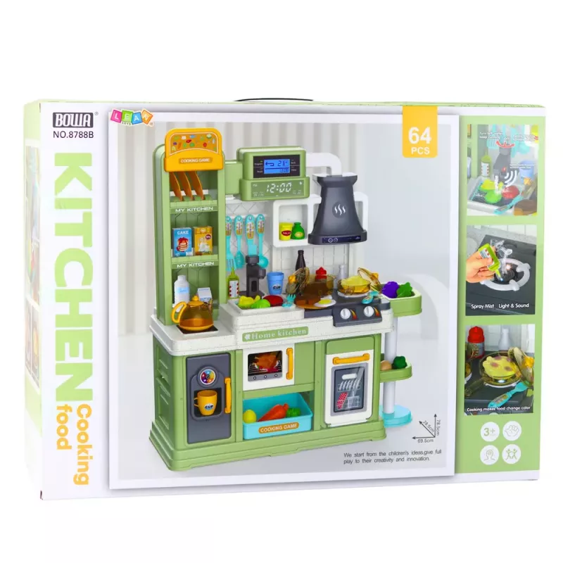 LEAN TOYS Cozinha infantil com ciclo de água e alimentos que mudam de cor, vapor, verde, 64 peças