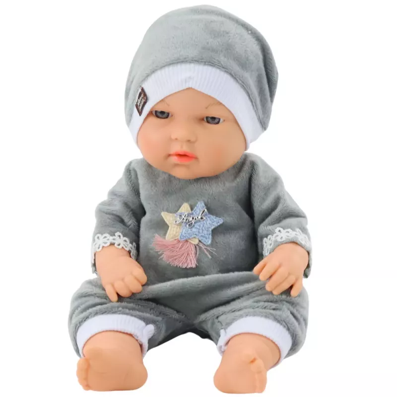 LEAN TOYS Boneca bebé em pijama cinzento, gorro, braços e pernas móveis, 30 cm