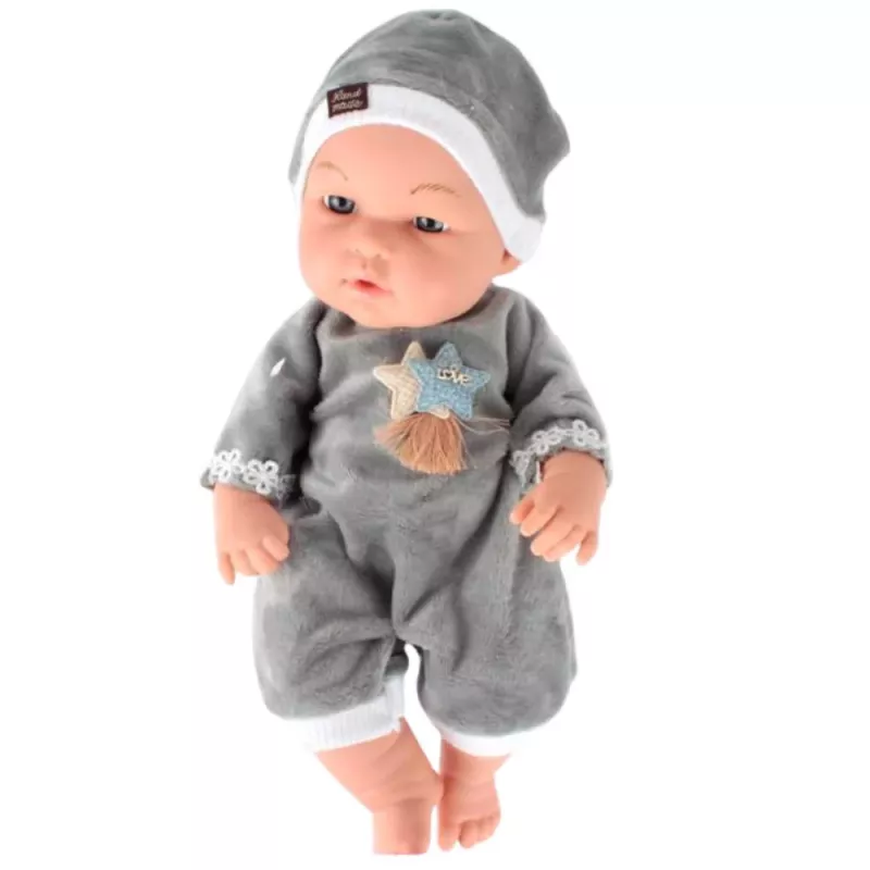 LEAN TOYS Boneca bebé em pijama cinzento, gorro, braços e pernas móveis, 30 cm