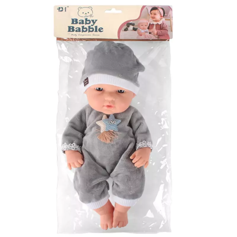 LEAN TOYS Boneca bebé em pijama cinzento, gorro, braços e pernas móveis, 30 cm