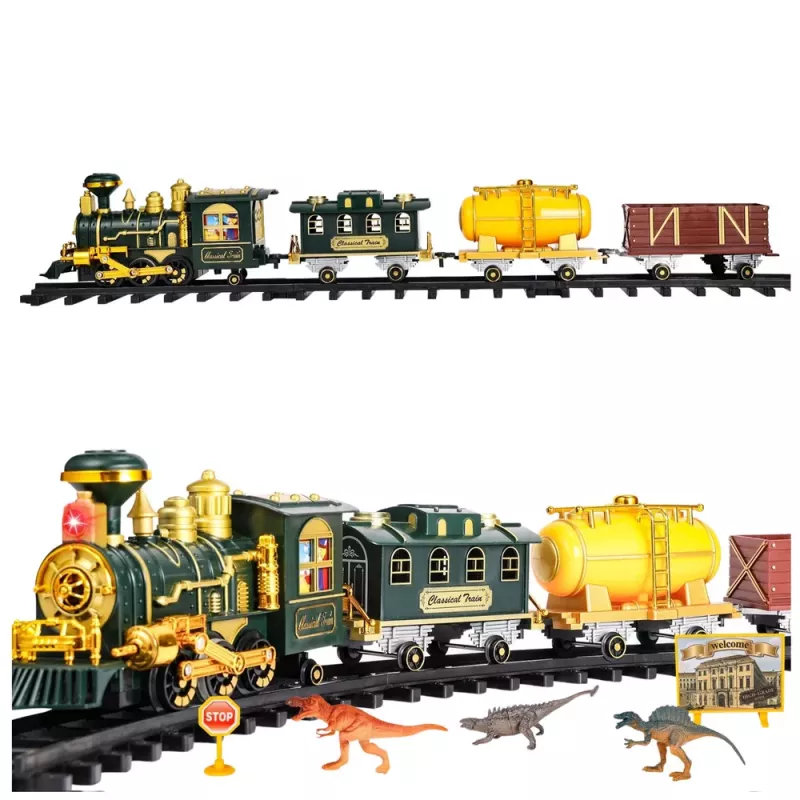 LEAN TOYS Comboio clássico dinossauros com luzes, sons e fumo, 39 peças