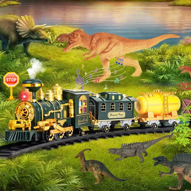 LEAN TOYS Comboio clássico dinossauros com luzes, sons e fumo, 39 peças