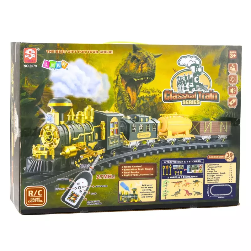 LEAN TOYS Comboio clássico dinossauros com luzes, sons e fumo, 39 peças