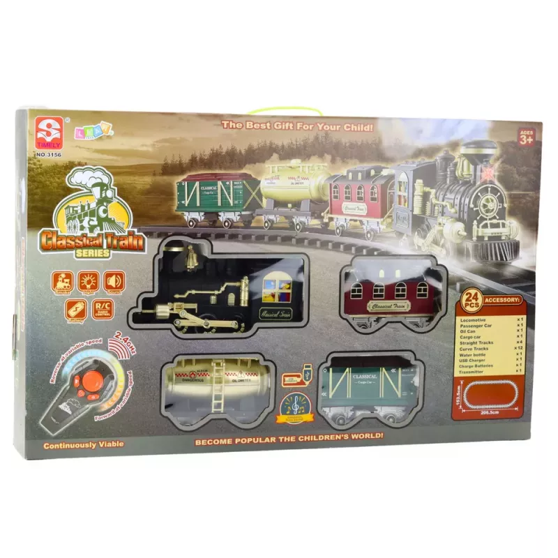 LEAN TOYS Comboio elétrico Classic RC com luz, som e fumo, carris de 206 cm, 24 peças