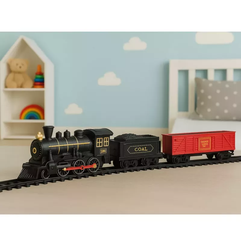 LEAN TOYS Conjunto de comboio elétrico com locomotiva, vagões e carris, luzes e sons