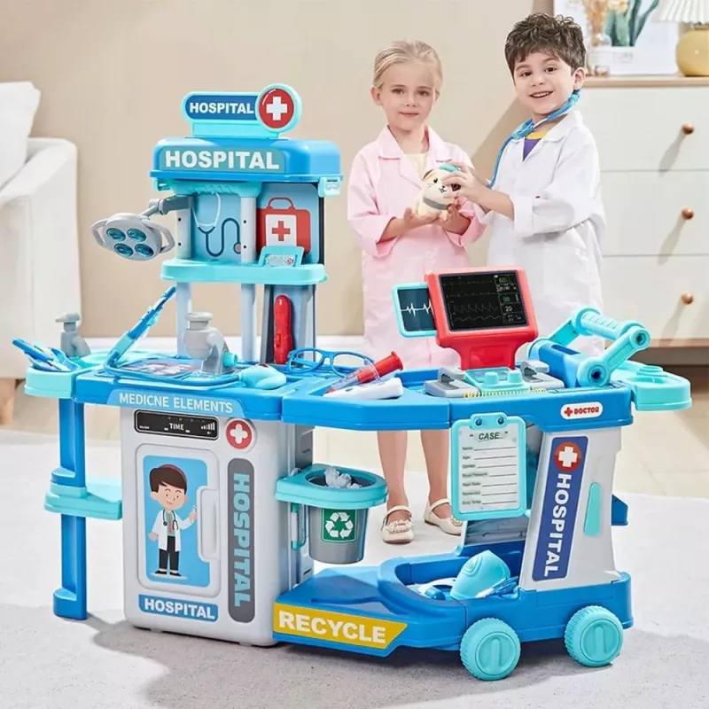 LEAN TOYS Conjunto de médico e hospital em mala 2 em 1 com luz e som, acessórios