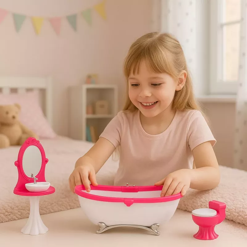 LEAN TOYS Conjunto de casa de banho para bonecas: banheira, sanita, lavatório com espelho