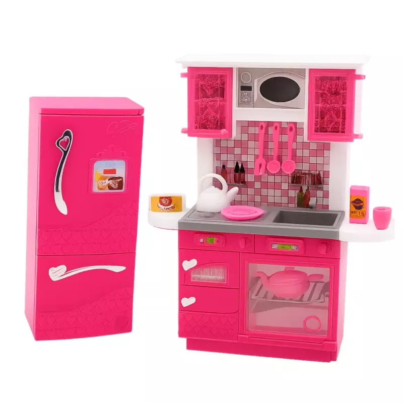 LEAN TOYS Conjunto de cozinha para bonecas com frigorífico, fogão e acessórios, rosa