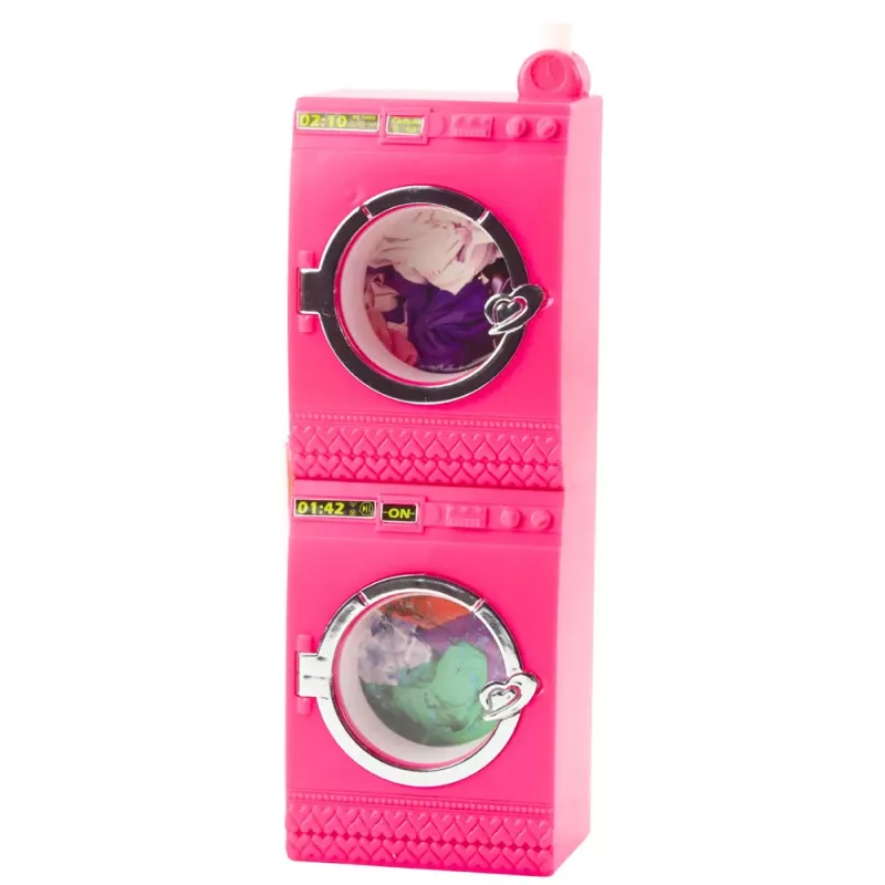 LEAN TOYS Conjunto de lavandaria para bonecas com máquina de lavar, secador, cesto de roupa e cabides, rosa