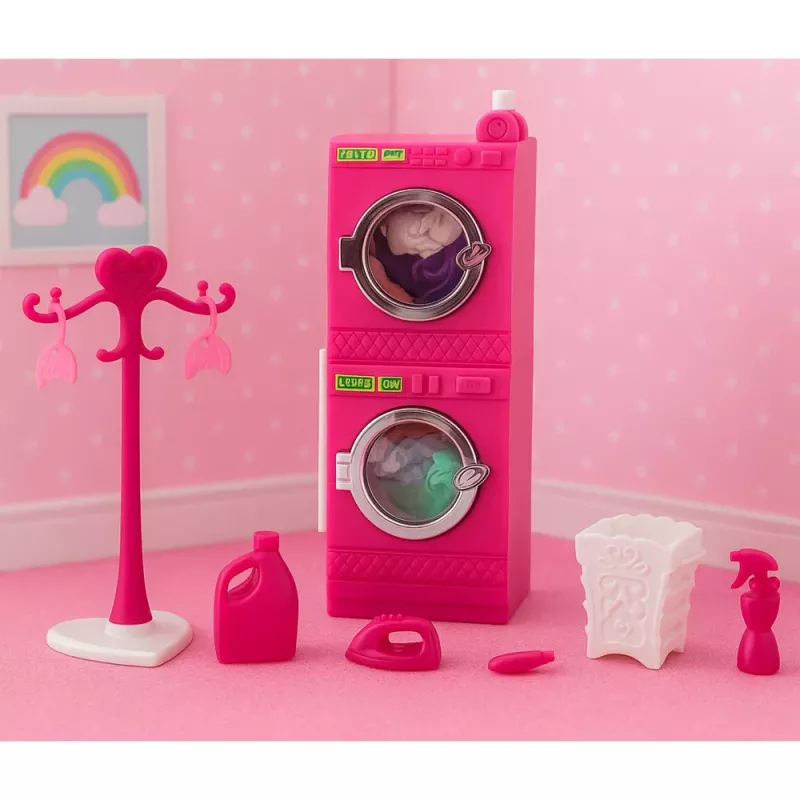 LEAN TOYS Conjunto de lavandaria para bonecas com máquina de lavar, secador, cesto de roupa e cabides, rosa