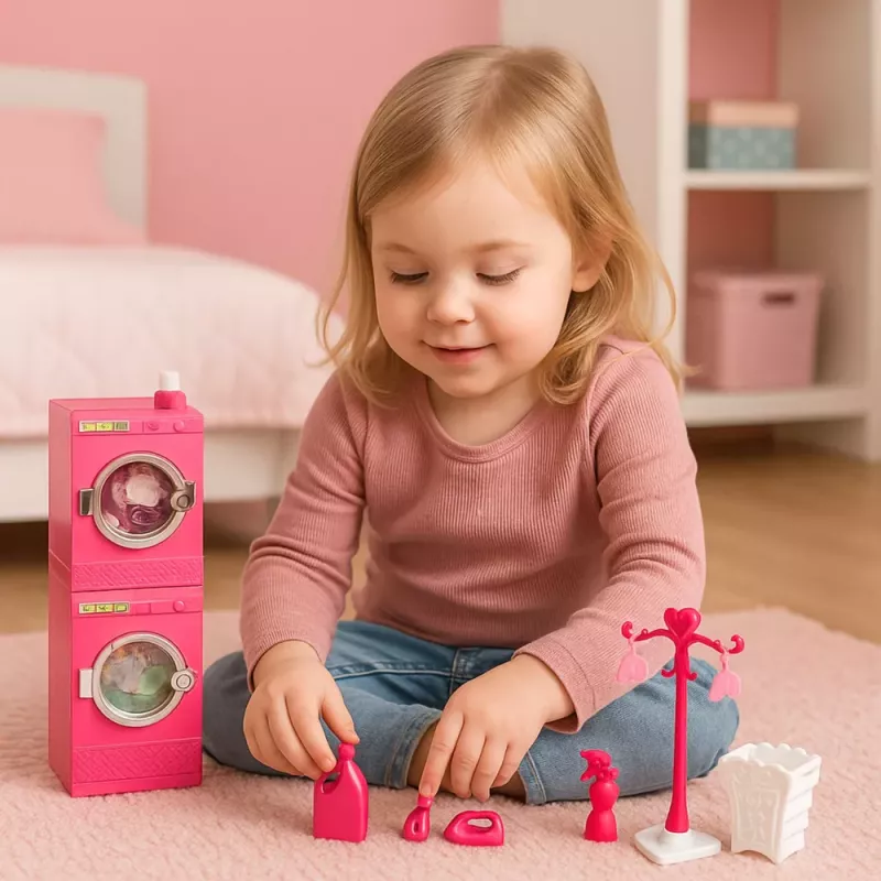 LEAN TOYS Conjunto de lavandaria para bonecas com máquina de lavar, secador, cesto de roupa e cabides, rosa