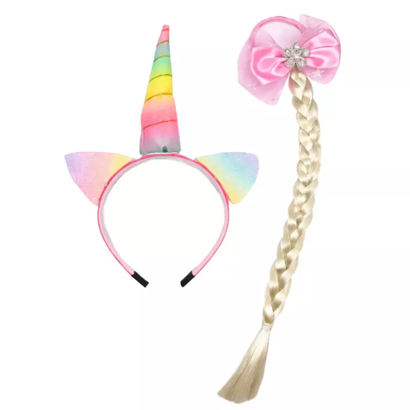 LEAN TOYS Conjunto de faixa de cabeça de unicórnio com trança e laço pastel